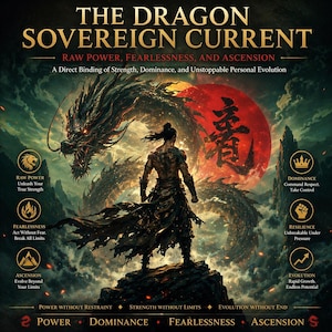 Può includere: Illustrazione digitale artistica con un guerriero di spalle, un drago e un sole rosso. Il testo principale è "THE DRAGON SOVEREIGN CURRENT", con parole chiave come potere, coraggio e ascesa.