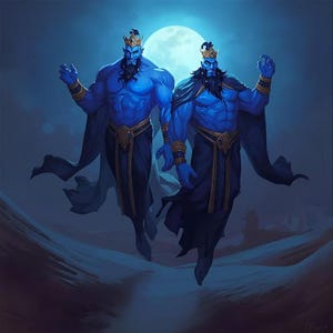 Può includere: Illustrazione digitale di due figure blu muscolose con corone, barbe e mantelli fluenti, sullo sfondo di una luna piena. Indossano bracciali e cinture dorate, con una combinazione di colori blu scuro e oro.