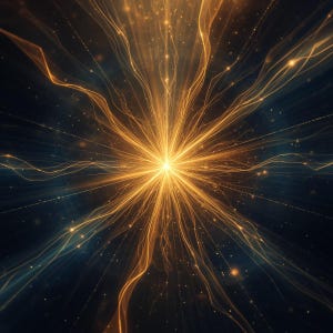 May include: Abstract digital art featuring a bright, golden light emanating from a central point. The light radiates outward in flowing lines against a dark blue background, creating a sense of energy and movement. Small, scattered particles add depth.