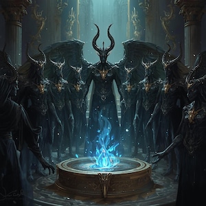 May include: Digital artwork depicting a dark fantasy scene. A central figure with large horns and wings stands before a glowing blue flame on a circular platform. Dark figures with horns and wings surround the platform in a grand hall.