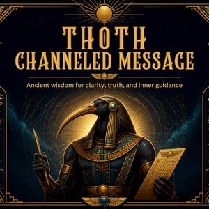 May include: A dark blue graphic featuring the text THOTH CHANNELED MESSAGE and Ancient wisdom for clarity, truth, and inner guidance. The central figure is an ibis-headed deity holding a stylus and a tablet, framed by gold Egyptian symbols.