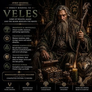 Pode incluir: Uma ilustração digital apresentando uma figura barbuda em vestes escuras segurando um cajado, com um lobo, um baú de moedas de ouro e texto incluindo SPIRIT BINDING DIRECT BINDING TO VELES, LORD OF WEALTH, MAGIC AND THE ROADS BENEATH THE ROOTS.