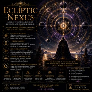 May include: An artistic digital illustration with gold text and celestial imagery. The central figure is a cloaked person. The text reads "The Ecliptic Nexus" and describes cosmic alignment, life flow, and temporal insight. The completion time is 3-5 days.