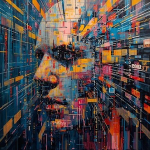 Puede incluir: Retrato de arte digital abstracto de un rostro humano, representado en una vibrante gama de colores. La obra presenta una red de líneas y formas geométricas, con un enfoque en el perfil y el ojo. La paleta de colores incluye azules, amarillos y rojos.