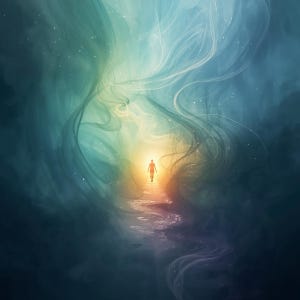 May include: An artistic digital illustration depicts a person walking towards a bright light. The scene is enveloped in swirling, ethereal blues, greens, and yellows, creating a sense of depth and mystery. The path is illuminated, guiding the figure forward.