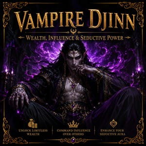 Op de afbeelding: Een digitale illustratie van een figuur met donker haar en puntige oren, gekleed in versierde zwarte en paarse gewaden en sieraden. De tekst luidt VAMPIRE DJINN, WEALTH, INFLUENCE & SEDUCTIVE POWER, UNLOCK LIMITLESS WEALTH, COMMAND INFLUENCE OVER OTHERS, ENHANCE YOUR SEDUCTIVE AURA.