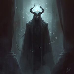 May include: Digital artwork depicting a cloaked figure with large, curved horns and a diamond-shaped forehead ornament. The figure is set in a dimly lit, ethereal space, with a long, flowing robe and a mysterious aura.