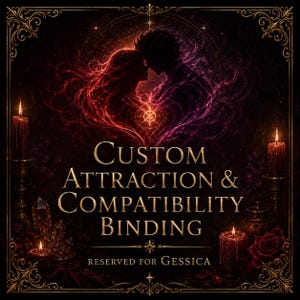以下が含まれることがあります： 金色の文字で「CUSTOM ATTRACTION & COMPATIBILITY BINDING」および「RESERVED FOR GESSICA」と書かれた正方形のグラフィック。2人の人物のシルエット、燃えるキャンドル、クリスタル、そしてダークレッドとパープルのバラが描かれたデザイン。
