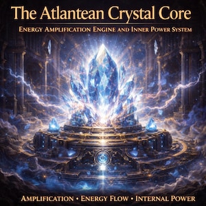 Puede incluir: Ilustración digital de una estructura de cristal azul brillante con el texto "The Atlantean Crystal Core" y "Energy Amplification Engine and Inner Power System." La imagen también incluye las palabras "Amplification, Energy Flow, Internal Power."