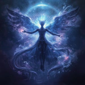 Peut inclure: Illustration numérique d'une figure céleste aux bras tendus, ornée de grandes ailes détaillées. La silhouette se détache sur un fond de tourbillons bleus, violets et d'éléments cosmiques, rayonnant de lumière.