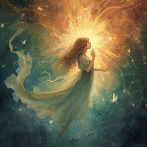 Peut inclure: Illustration numérique d'une femme en robe verte fluide, aux longs cheveux blonds, tendant la main vers une lumière dorée et brillante. Des papillons blancs et des particules scintillantes flottent autour d'elle sur fond bleu canard et bleu foncé.