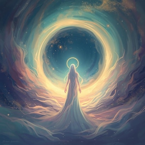 May include: Digital art depicting a figure with long white hair and a flowing gown, standing before a celestial portal. The artwork features a halo, swirling clouds, and a starry night sky, with a color palette of blues, golds, and whites.