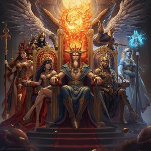 Może przedstawiać: Cyfrowe dzieło sztuki przedstawiające salę tronową z kilkoma postaciami. Centralna postać, w koronie i szatach, siedzi na złotym tronie. Inne postacie, każda w innym stroju, są umieszczone wokół centralnej postaci. Nad tronem znajduje się ognista głowa lwa.