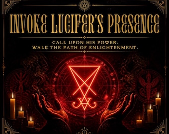 Peut inclure: Une impression graphique sombre avec le texte INVOKE LUCIFER'S PRESENCE et CALL UPON HIS POWER. WALK THE PATH OF ENLIGHTENMENT. Un sceau de Lucifer rougeoyant est centré au-dessus de deux mains, entouré de bougies allumées sur fond noir.