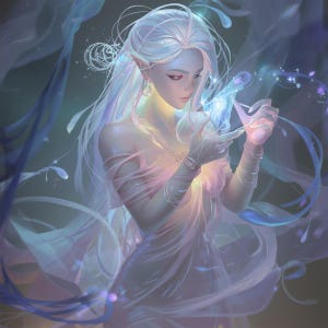 May include: Digital art of a fantasy figure with long, flowing white hair and pointed ears. The figure is wearing a sheer, pastel-colored gown and holding a glowing, ethereal object. Soft, blue and purple ribbons and accents surround the figure.