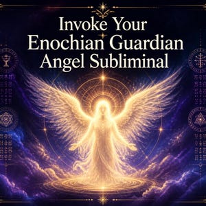 May include: A digital graphic featuring a glowing, radiant angel with expansive wings centered against a deep purple and blue cosmic background. The text 'Invoke Your Enochian Guardian Angel Subliminal' is displayed at the top, framed by intricate gold borders and circular symbols.