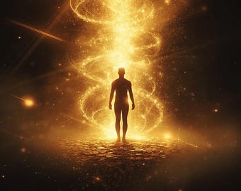 Könnte beinhalten: Eine Silhouette einer Person steht auf einer Oberfläche aus Goldmünzen, beleuchtet von einem strahlenden goldenen Licht, das von oben ausgeht. Das Licht bildet wirbelnde Muster und erzeugt eine mystische und ätherische Szene vor dunklem Hintergrund.