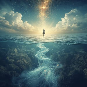 Könnte beinhalten: Ein surreales Bild zeigt eine Person, die auf dem Wasser auf ein helles Licht am Himmel zugeht. Die Szene ist geteilt, mit Wolken und Sternen in der oberen Hälfte und einer Unterwasserlandschaft mit einem leuchtenden Fluss in der unteren Hälfte.