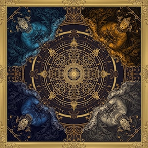 May include: An ornate square artwork featuring four figures in flowing robes, each in a different color: blue, gold, dark blue, and gray. A central gold-colored circular design with intricate patterns and lines dominates the image, framed by a gold border.