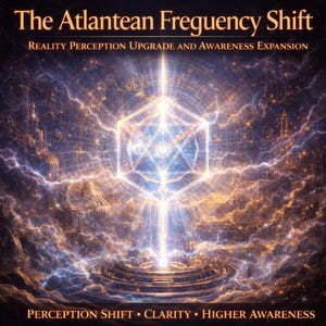 Könnte beinhalten: Digitales Kunstwerk mit dem Text "The Atlantean Frequency Shift" und "Reality Perception Upgrade and Awareness Expansion." Eine leuchtende geometrische Form strahlt Licht aus, umgeben von einer Stadtlandschaft und Energiemustern. Der untere Text lautet "Perception Shift • Clarity • Higher Awareness."