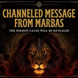 May include: A dark graphic print featuring a lion's face at the center with glowing orange eyes. The text reads CHANNELED MESSAGE FROM MARBAS and THE HIDDEN CAUSE WILL BE REVEALED in gold lettering against a black background with occult symbols.