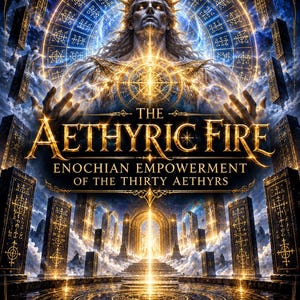 Puede incluir: Una portada de libro titulada The Aethyric Fire: Enochian Empowerment of the Thirty Aethyrs, con una figura central con corona, luz dorada brillante y pilares de piedra oscuros con símbolos grabados sobre un fondo cósmico y celestial.