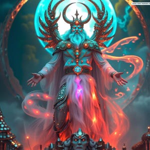 Può includere: Illustrazione digitale di una figura regale con volto blu, lunga barba bianca e corona ornata. La figura è adornata da un'armatura turchese e dorata e da lunghe vesti bianche, con una luna blu brillante sullo sfondo. La luce rossa e arancione emana dalla figura.