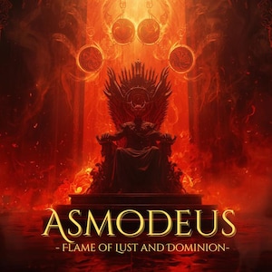 May include: Digital artwork depicting a demonic figure on a throne, set against a fiery red backdrop. The text "ASMODEUS - FLAME OF LUST AND DOMINION" is in gold at the bottom. The image has ornate details and a dramatic atmosphere, with a focus on the central figure.