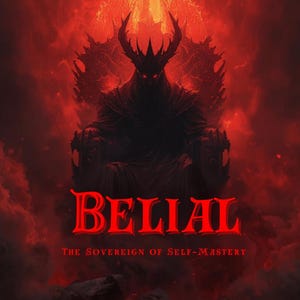 May include: Digital artwork depicting a horned figure on a throne against a red, fiery backdrop. The word "BELIAL" is in red, gothic lettering, with the text "The Sovereign of Self-Mastery" beneath it, creating a dramatic, infernal scene.