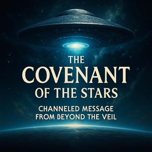 May include: Digital artwork featuring a detailed, metallic UFO hovering above a planet. The text "THE COVENANT OF THE STARS" is prominently displayed, with "CHANNELED MESSAGE FROM BEYOND THE VEIL" below. The background is a dark blue space with stars.