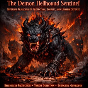 Puede incluir: Ilustración digital de un perro infernal demoníaco con ojos rojos brillantes y dientes afilados, rodeado de llamas. La imagen incluye el texto "The Demon Hellhound Sentinel" y "Infernal Guardian of Protection, Loyalty, and Unseen Defense."