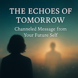 Puede incluir: Imagen con el texto "THE ECHOES OF TOMORROW" y "Channeled Message from Your Future Self." Una silueta de una persona mira hacia una figura borrosa en un cielo con colores de atardecer.