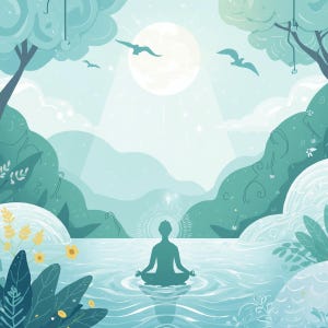 May include: Illustration of a person meditating in a lotus position on water, surrounded by a serene landscape. The scene features a full moon, birds in flight, and lush greenery in shades of teal and blue. The artwork evokes a sense of peace and tranquility.