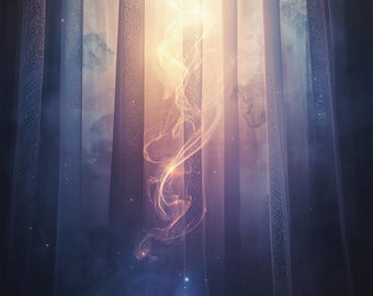 May include: Abstract image of vertical, sheer curtains in shades of blue, purple, and white. A bright, golden light emanates from the center, with wispy, smoke-like patterns. The overall effect is ethereal and dreamlike.