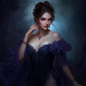 May include: A digital painting of a woman in a dark blue off-the-shoulder gown with lace detailing. She wears a necklace, earrings, and a bracelet. Her hair is styled up, and she has a soft, elegant expression.