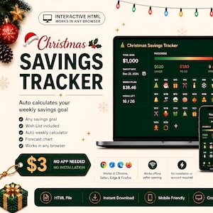 Planificador interactivo de ahorros navideños en HTML / Planificador de presupuesto (Descarga instantánea)