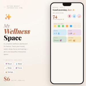 Puede incluir: Una captura de pantalla de un panel de bienestar digital en un teléfono inteligente. La pantalla muestra el seguimiento del estado de ánimo, el agua, el sueño, el enfoque y los ahorros. El panel se titula "My Wellness Space".