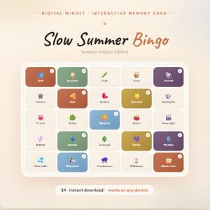 May include: A digital interactive memory card widget titled Slow Summer Bingo Summer Solstice Edition. The grid features twenty-five rectangular tiles in various muted colors, each displaying a summer-themed icon and text label like Sand, Pizza, and Warm sun.