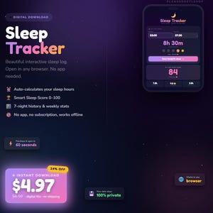 May include: Digital download graphic with the text "Sleep Tracker" in purple and orange. The image shows a phone displaying sleep data, including sleep duration and a sleep score. Additional text highlights features like auto-calculation of sleep hours and weekly stats.