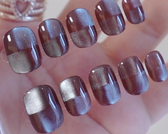 Cat-eye checkered short press nails for autumn and winter