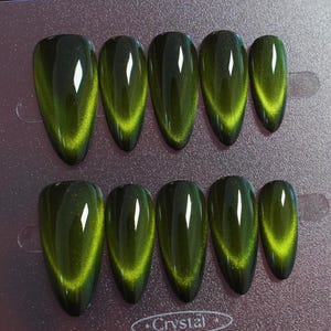 Uñas postizas francesas verdes estilo ojo de gato, reutilizables