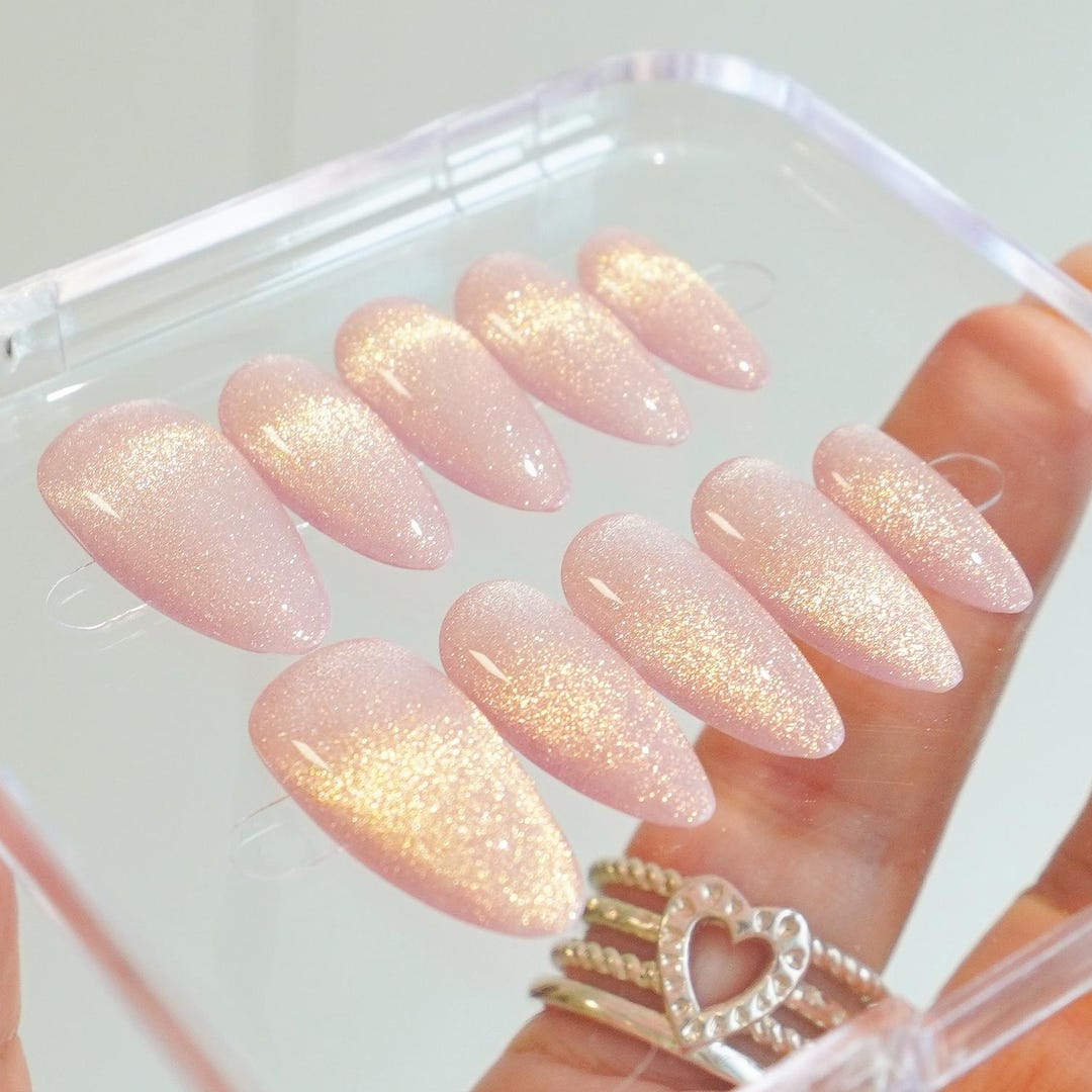Summer-themed Light Pink French Manicure With Gold Cat-eye Pressed on Nails, Reusable. - Etsy