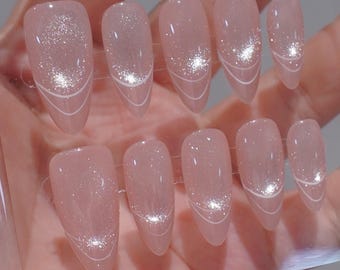 Sparkling pink cat-eye almond French manicure, reusable false nails