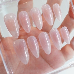 Sparkling cat-eye French pink almond nails, reusable press-on nails image 9