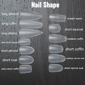May include: A guide to nail shapes, featuring various styles like long almond, coffin, stiletto, and square. The image displays clear, plastic nail tips, with labels for each shape. The text "Nail Shape" is at the top.