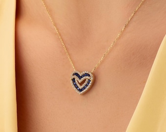 Halsketting van 925 sterling zilver met hartje, dubbele hartvormige hanger met saffierblauwe zirkonia, cadeau voor haar