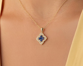 14k gouden klaverketting, saffierblauwe klaverhanger met vier blaadjes, gelukshanger, cadeau