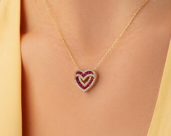 14k gouden hartketting, dubbele hartvormige hanger met robijnrode steentjes, geboortesteen van juli, cadeau voor haar