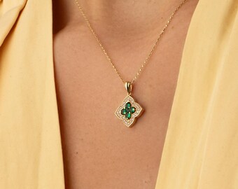 14k gouden klaverketting, smaragdgroene klaverhanger met vier blaadjes, gelukshanger, cadeau