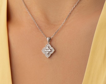 14k massief gouden klaverketting, hanger met laboratoriumdiamant of zirkonia, cadeau